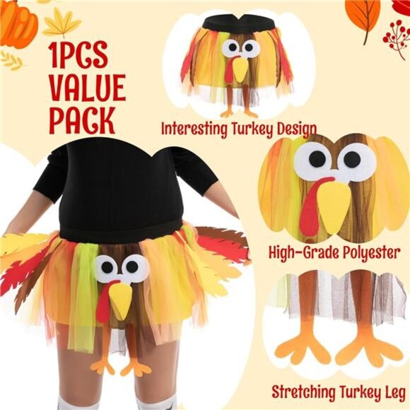 Thanksgiving Turkey Tutu – Dress-Up Party Outfit, Turkey Skirt & Accessories - Picture 3 of 8